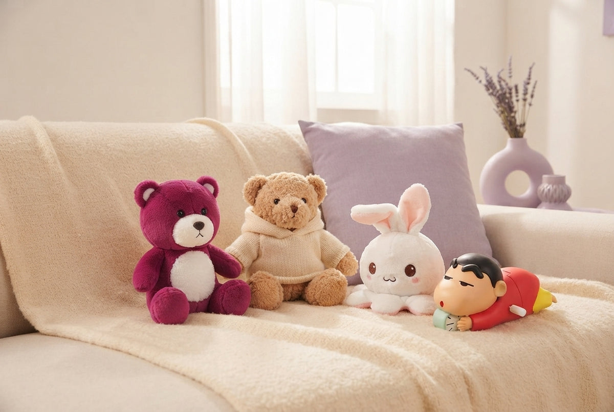 A collection of plush toys including a magenta teddy bear, a hoodie bear, a reversible bunny, and a Shinchan toy on a soft cr